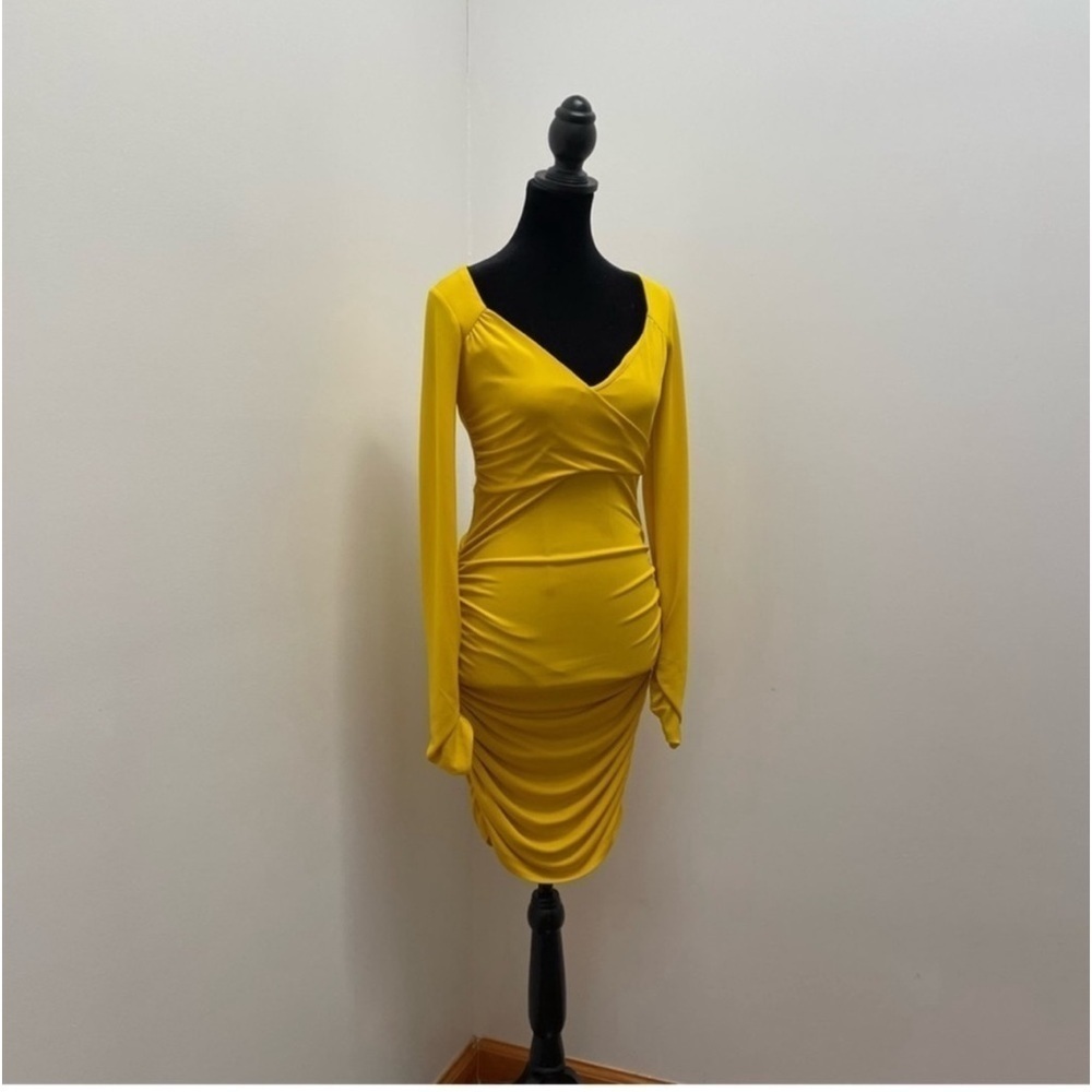 NEW! Cinq A Sept- Yellow Long Sleeve Ruched V Neck Miah Mini Dress NWOT - Picture 2 of 10